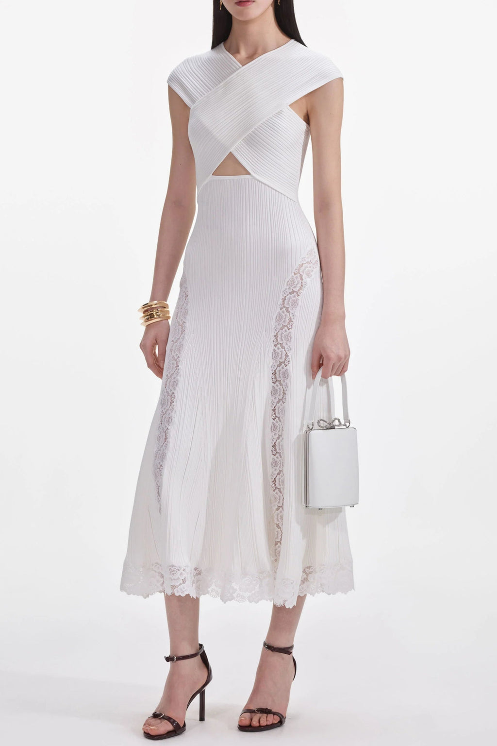 Flowering Girl Women White Knit Lace Insert Midi Dress