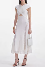 Flowering Girl Women White Knit Lace Insert Midi Dress