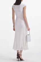 Flowering Girl Women White Knit Lace Insert Midi Dress