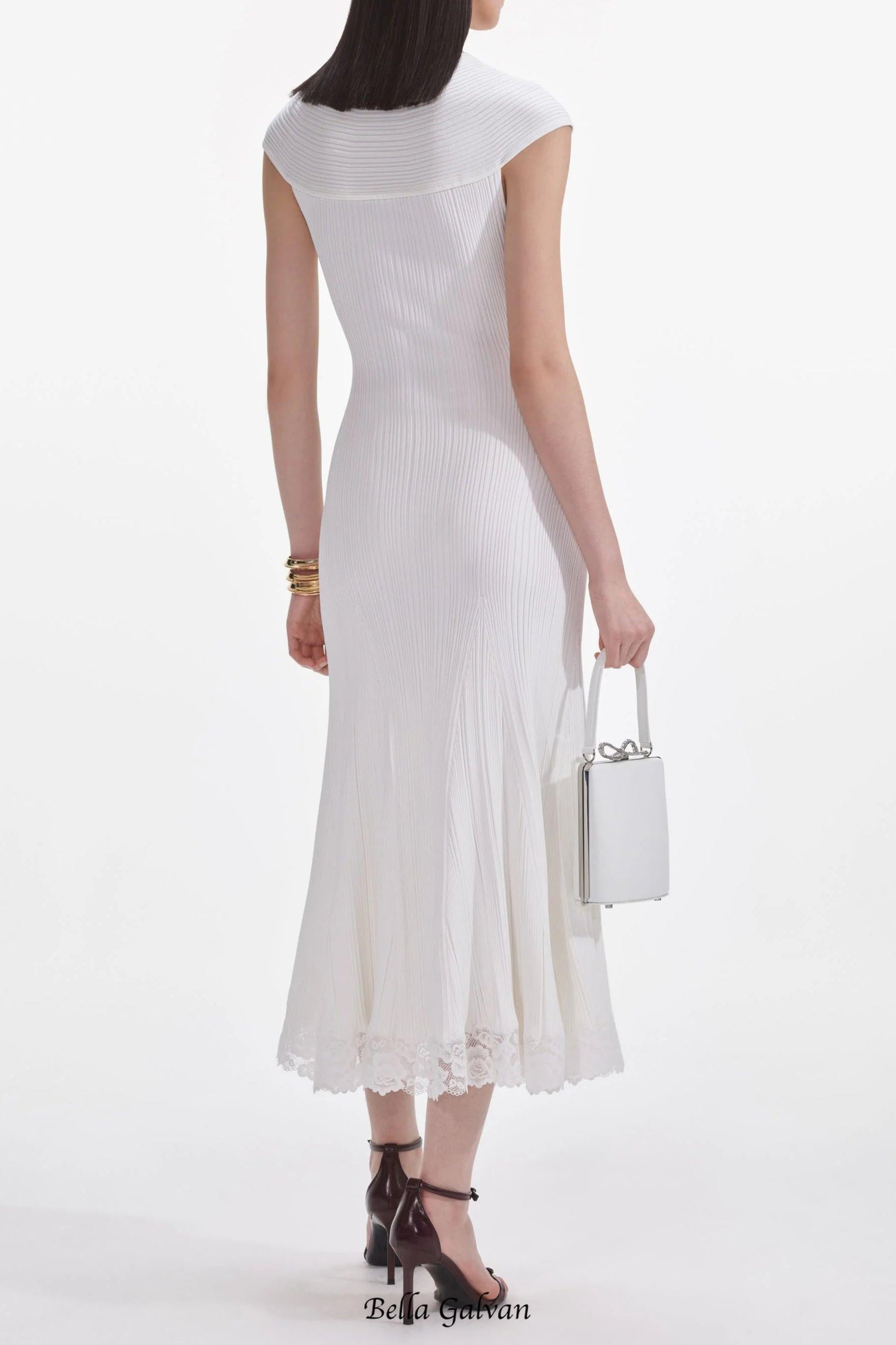 Flowering Girl Women White Knit Lace Insert Midi Dress