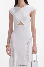 Flowering Girl Women White Knit Lace Insert Midi Dress