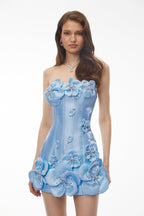 Widaad Blue Off Shoulder Mini Dress With 3D Petals