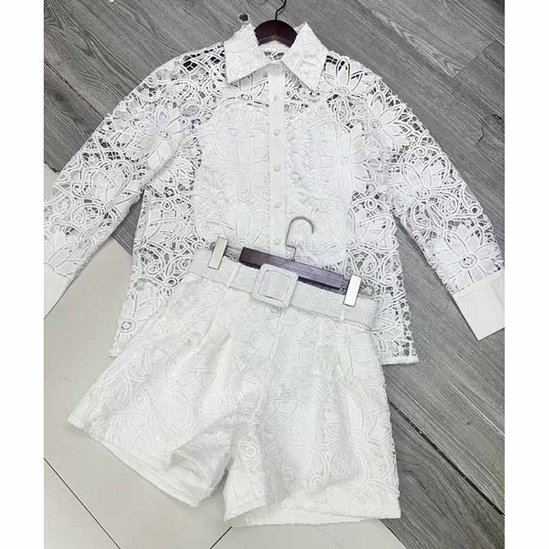 Flowering Girl Women hollow cut lace shirt shorts two pieces set in white