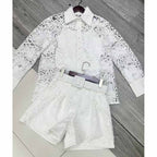 Flowering Girl Women hollow cut lace shirt shorts two pieces set in white