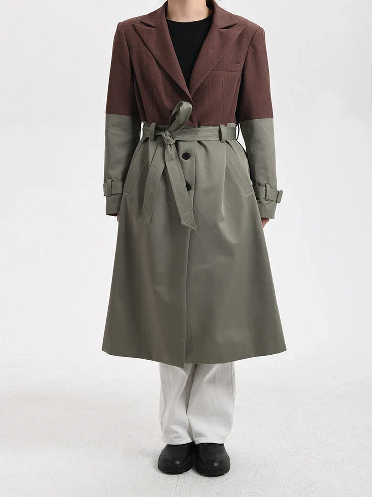Flowering Girl Women Belted Blazer Trench Coat in Brown Gray