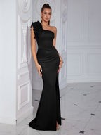 Floral One Shoulder Ruched Split Prom Dress