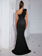 Floral One Shoulder Ruched Split Prom Dress