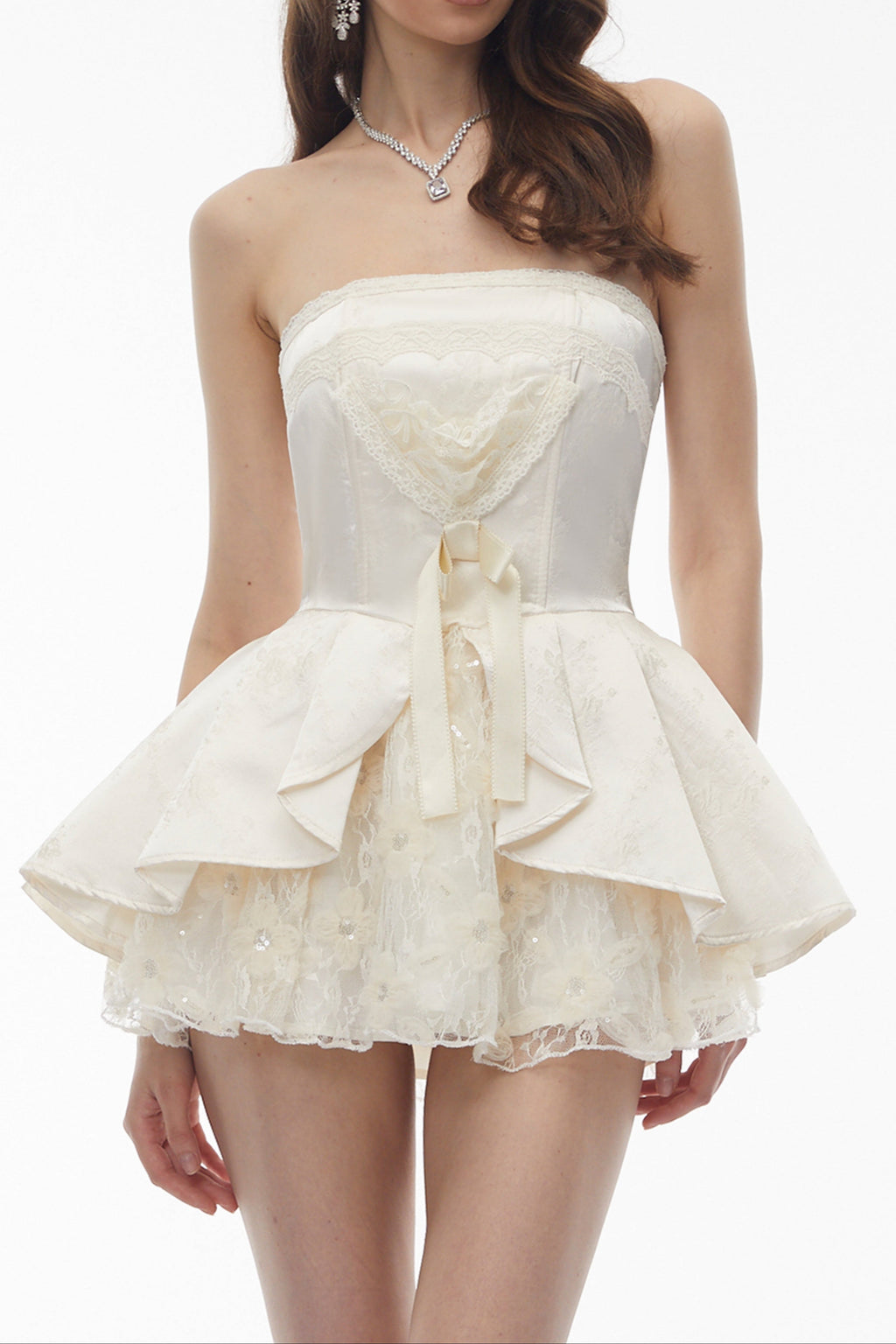 Flowering Girl Women Strapless Lace Trim Corset Peplum Skort Romper