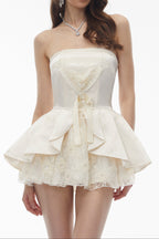 Flowering Girl Women Strapless Lace Trim Corset Peplum Skort Romper
