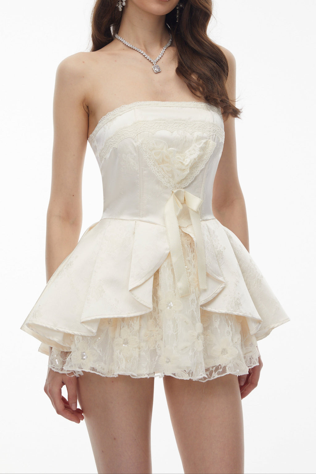 Flowering Girl Women Strapless Lace Trim Corset Peplum Skort Romper