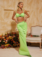 Flowering Girl Women Xinia Spaghetti Ruched Skirt Set In Green
