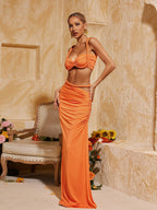 Flowering Girl Women Xinia Spaghetti Ruched Skirt Set In Orange