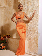 Flowering Girl Women Xinia Spaghetti Ruched Skirt Set In Orange