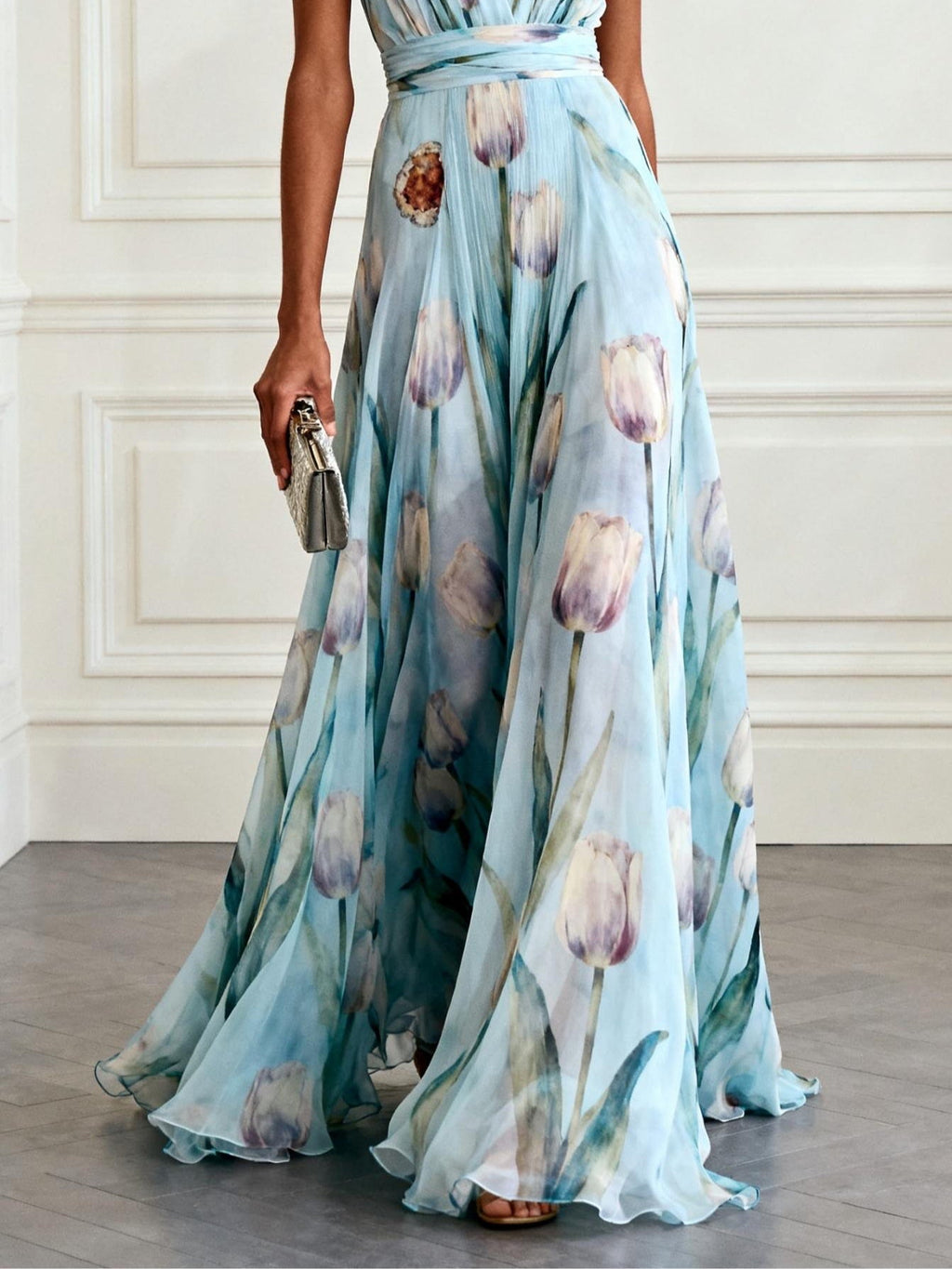 Flowering Girl Women v-neck Tulip Print Chiffon Maxi Dress - blue