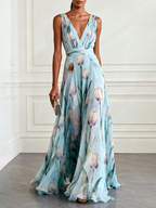 Flowering Girl Women v-neck Tulip Print Chiffon Maxi Dress - blue