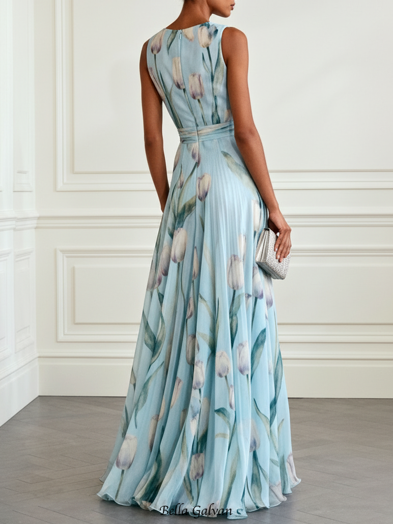 Flowering Girl Women v-neck Tulip Print Chiffon Maxi Dress - blue