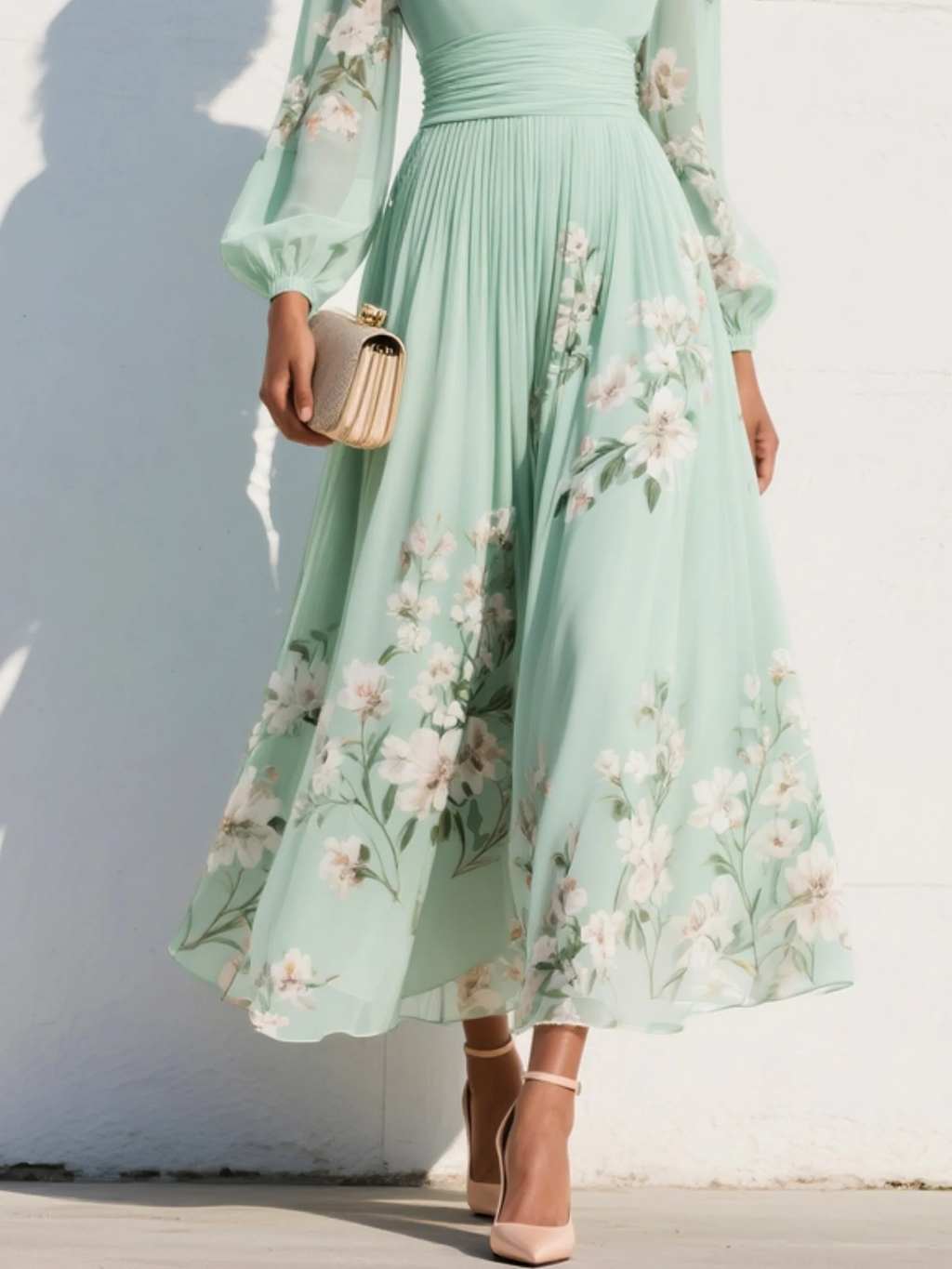 Green Floral Print Chiffon V Neck Long Sleeve Pleated Midi Dress