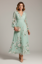 Green Floral Print Chiffon V Neck Long Sleeve Pleated Midi Dress