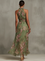 Flowering Girl Women Green Floral Chiffon Halter Maxi Dress