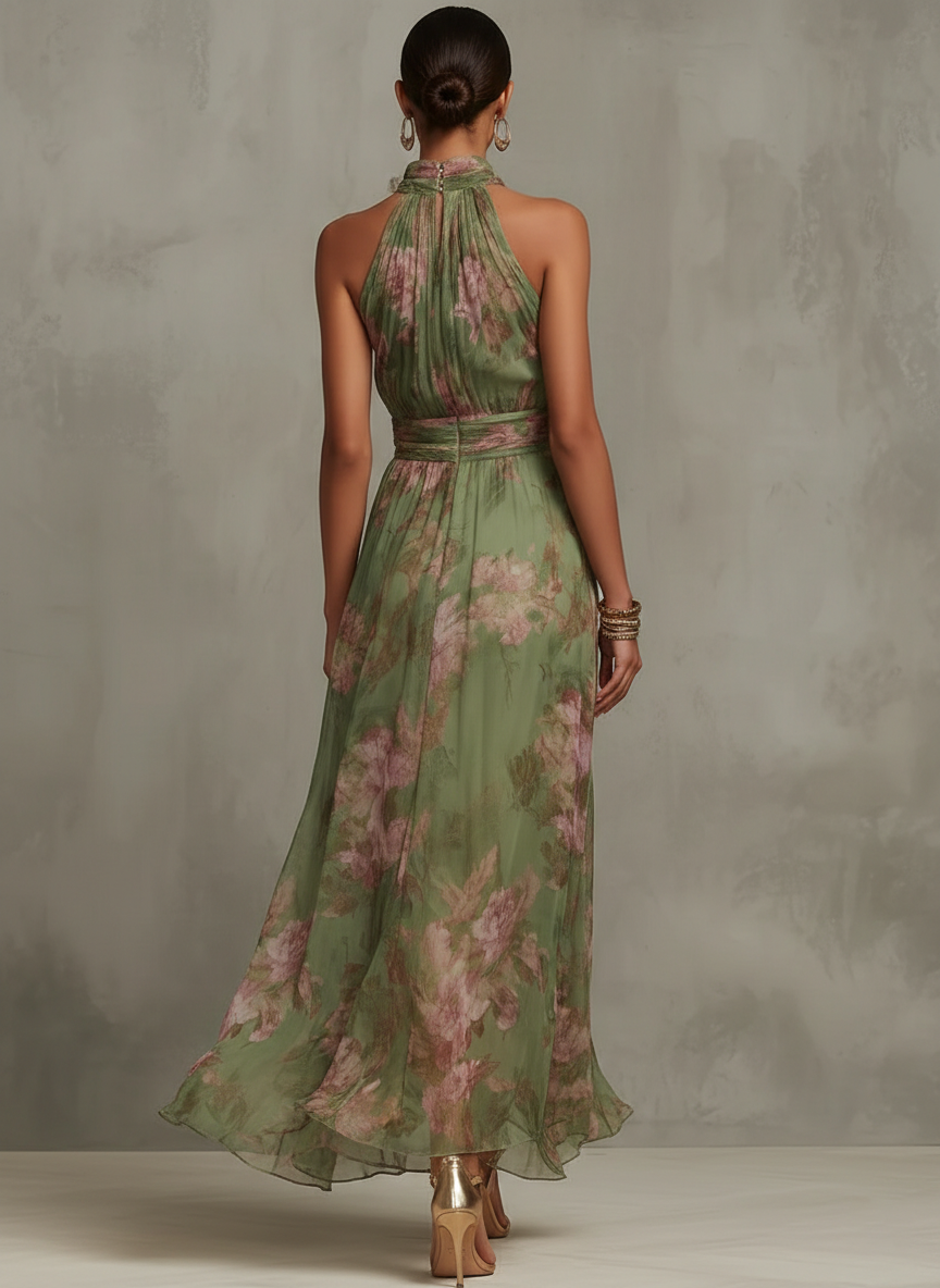 Flowering Girl Women Green Floral Chiffon Halter Maxi Dress
