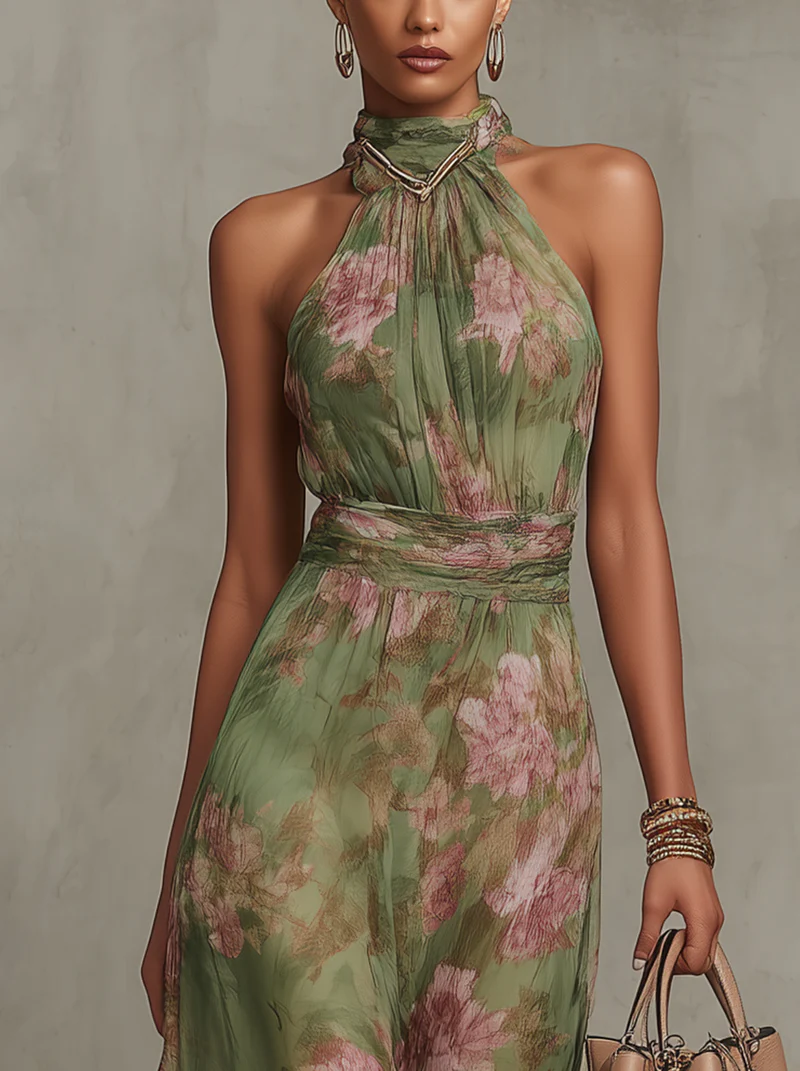 Flowering Girl Women Green Floral Chiffon Halter Maxi Dress