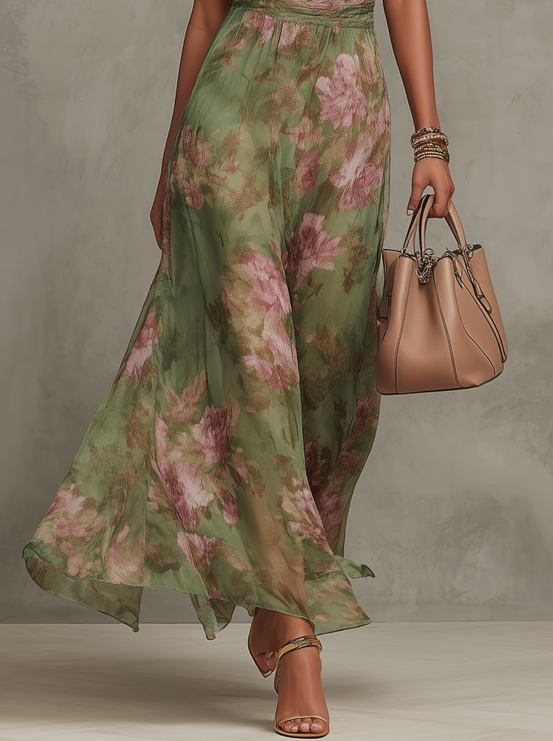 Flowering Girl Women Green Floral Chiffon Halter Maxi Dress