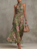Flowering Girl Women Green Floral Chiffon Halter Maxi Dress