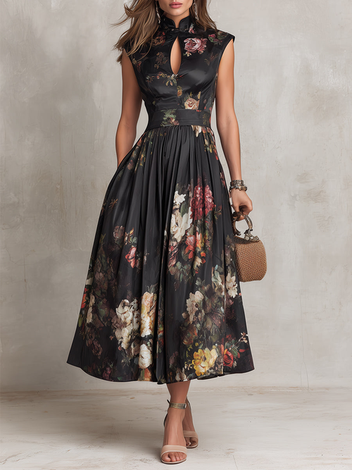 Flowering Girl Women Black Keyhole Collar Floral Pleated Satin Midi Dress