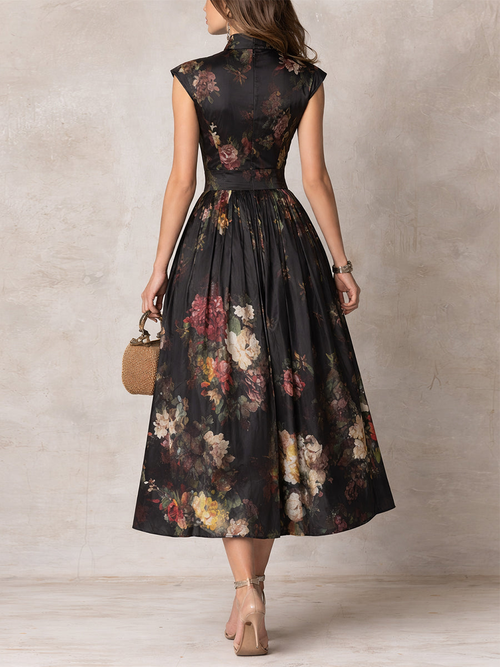 Flowering Girl Women Black Keyhole Collar Floral Pleated Satin Midi Dress