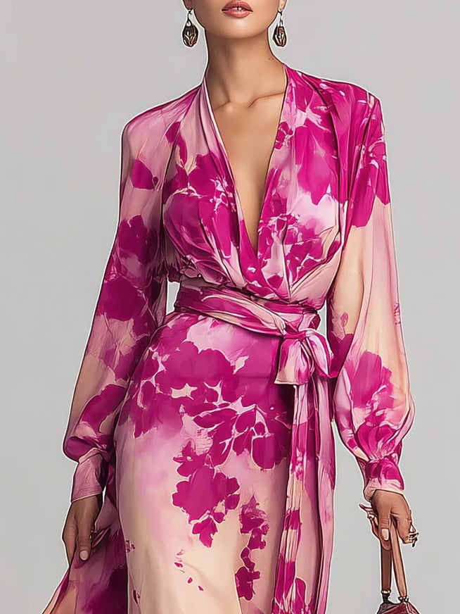 Flowering Girl Women Rose Red Floral V-neck Belted Maxi Dress