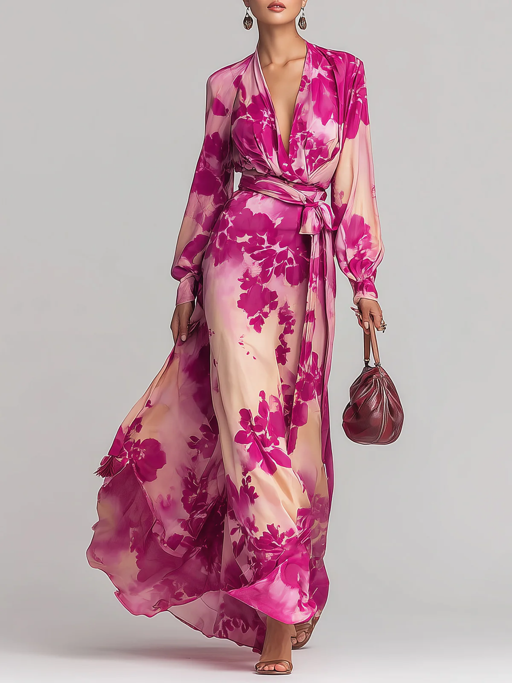 Flowering Girl Women Rose Red Floral V-neck Belted Maxi Dress