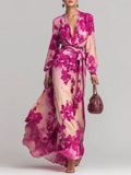 Flowering Girl Women Rose Red Floral V-neck Belted Maxi Dress