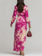 Flowering Girl Women Rose Red Floral V-neck Belted Maxi Dress