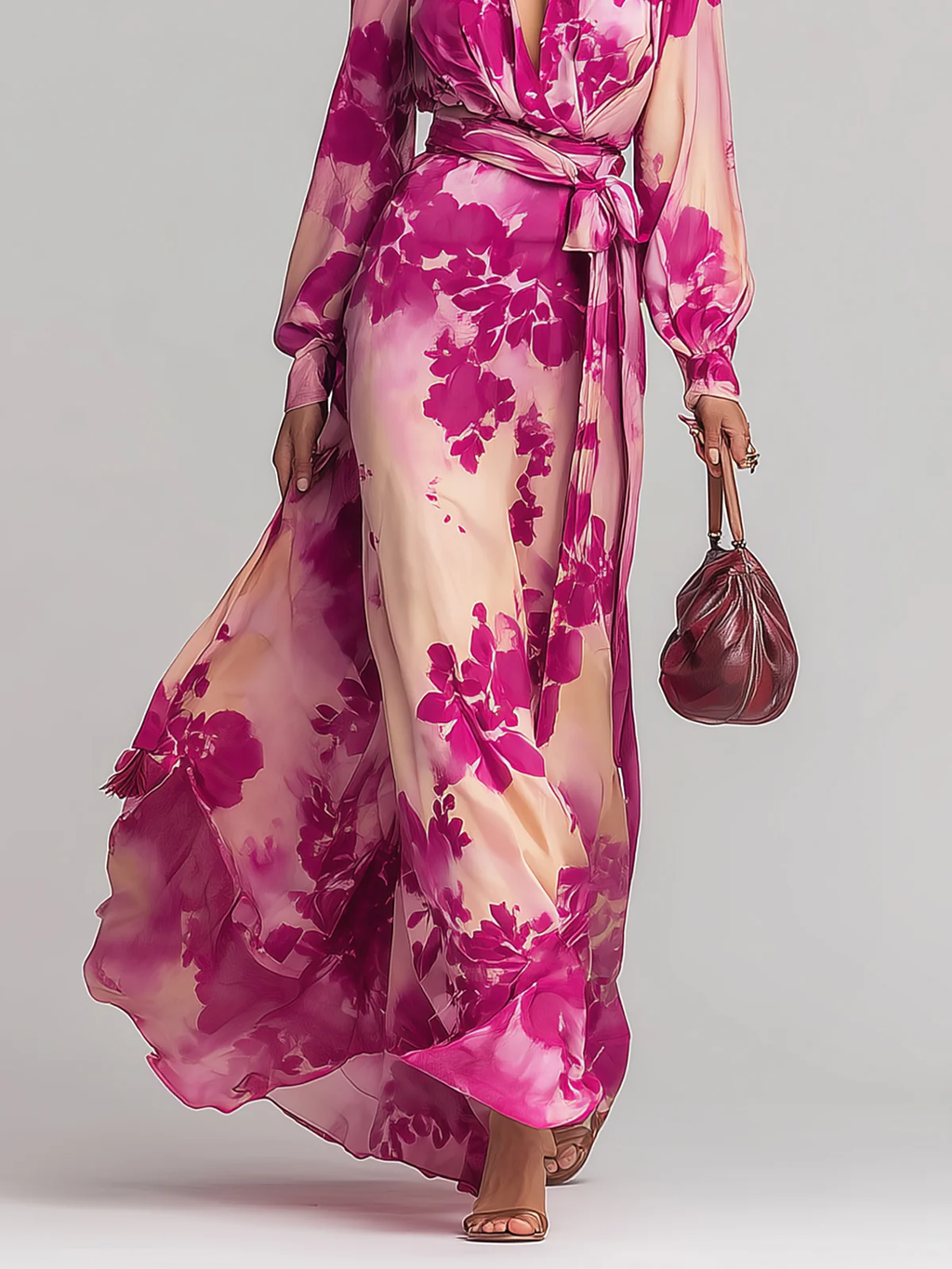 Flowering Girl Women Rose Red Floral V-neck Belted Maxi Dress