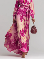 Flowering Girl Women Rose Red Floral V-neck Belted Maxi Dress