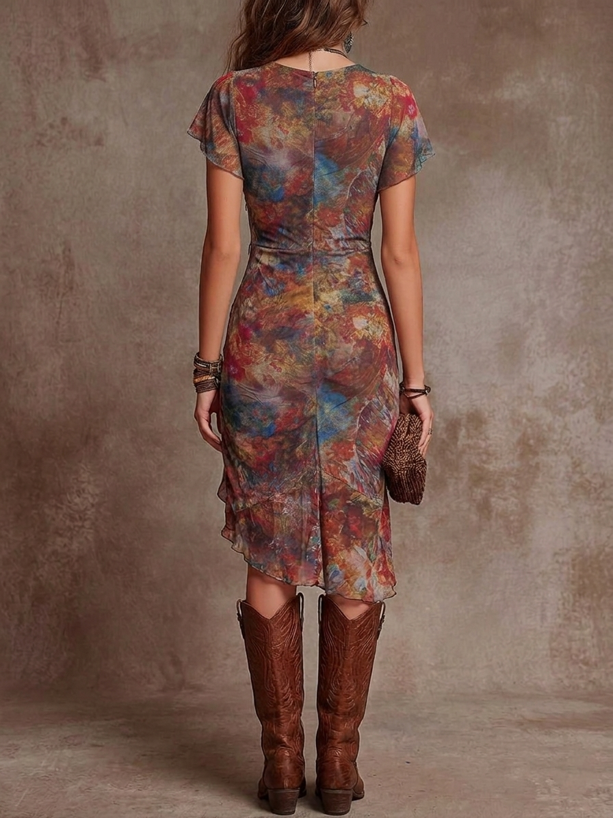 Flowering Girl Women Bohemian Abstract Art Print V-neck Pleated Midi Dress
