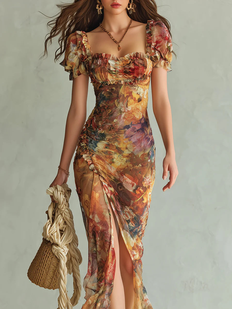 Flowering Girl Women Orange Bohemian Holiday Oil Painting Print Chiffon Maxi Dress