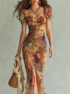 Flowering Girl Women Orange Bohemian Holiday Oil Painting Print Chiffon Maxi Dress