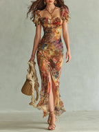 Flowering Girl Women Orange Bohemian Holiday Oil Painting Print Chiffon Maxi Dress
