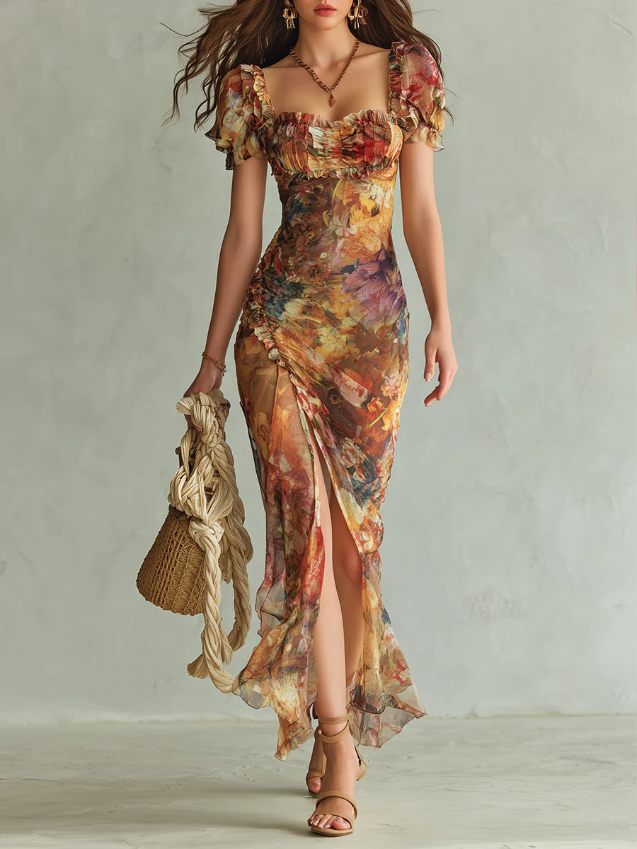 Flowering Girl Women Orange Bohemian Holiday Oil Painting Print Chiffon Maxi Dress