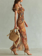 Flowering Girl Women Orange Bohemian Holiday Oil Painting Print Chiffon Maxi Dress
