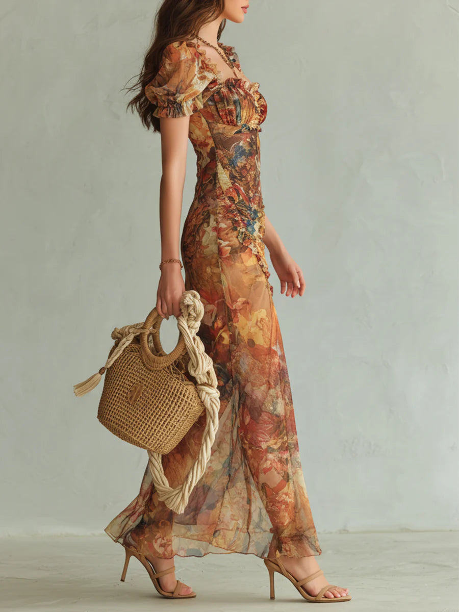 Flowering Girl Women Orange Bohemian Holiday Oil Painting Print Chiffon Maxi Dress