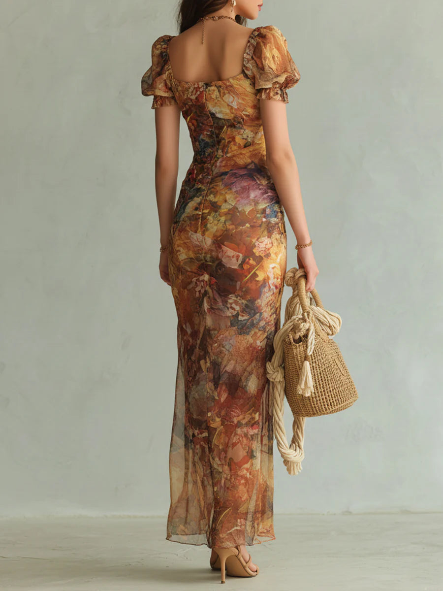 Flowering Girl Women Orange Bohemian Holiday Oil Painting Print Chiffon Maxi Dress