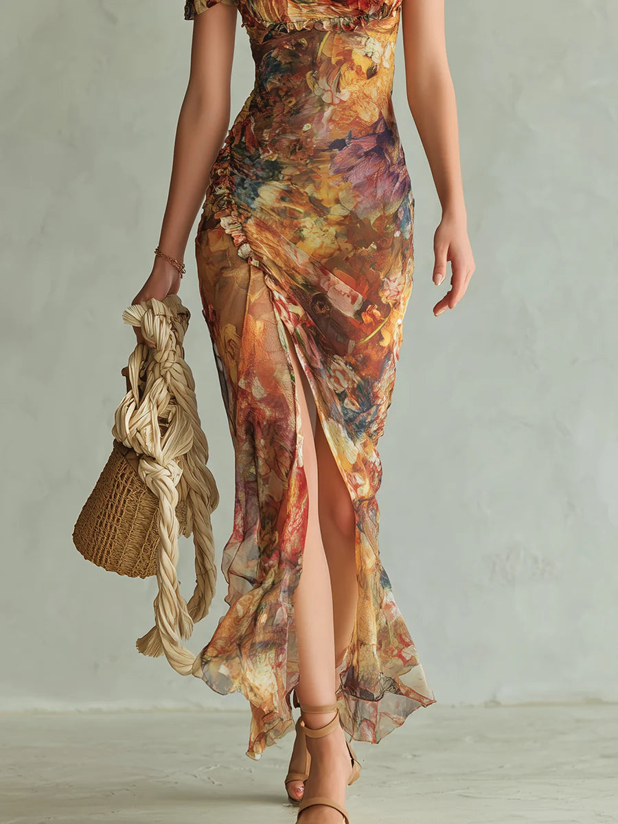 Flowering Girl Women Orange Bohemian Holiday Oil Painting Print Chiffon Maxi Dress