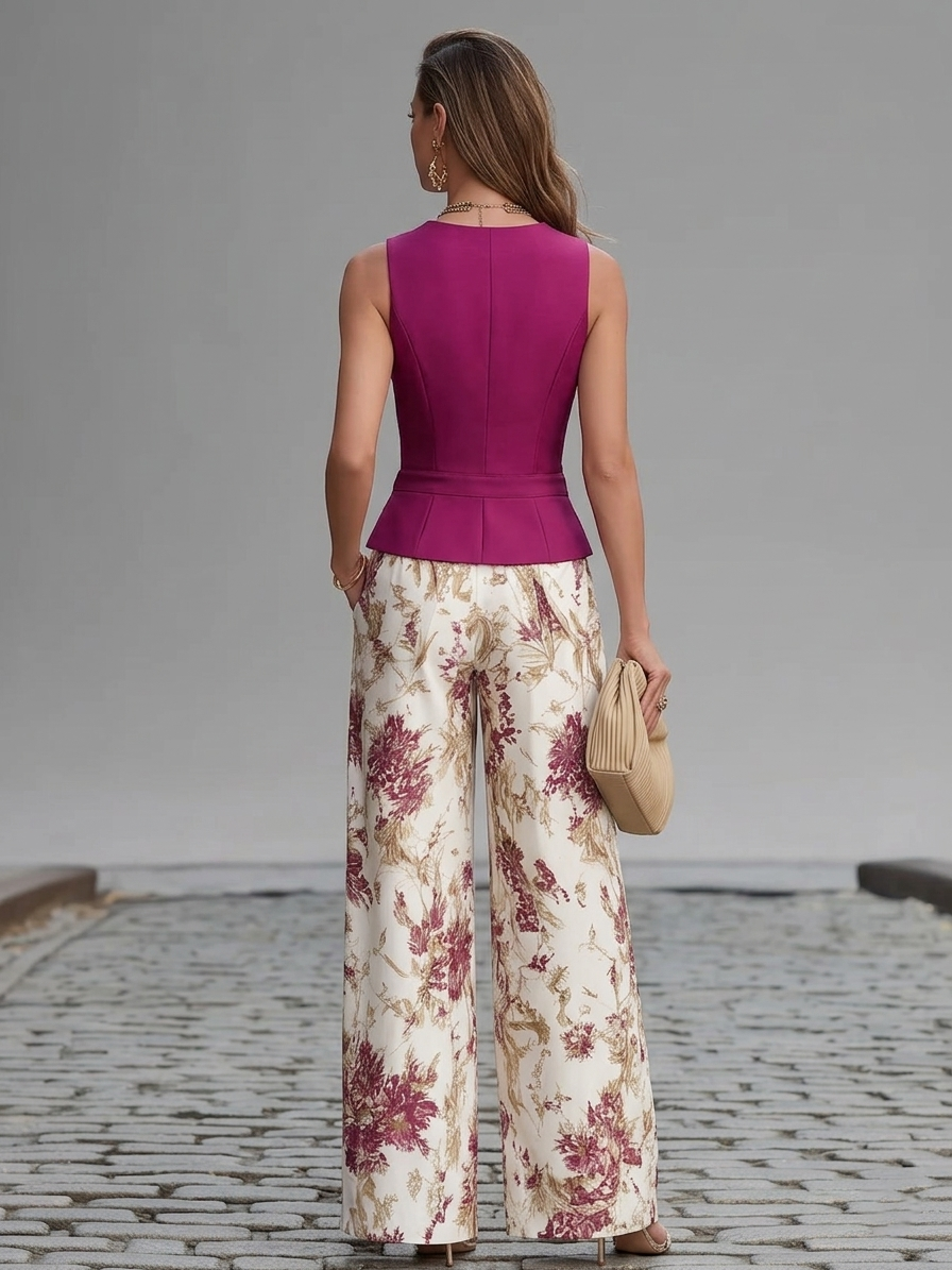 Flowering Girl Women Rose Pink Sleeveless Vest And Floral Printed Wide-leg Pants Set