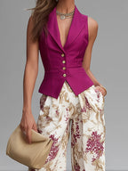 Flowering Girl Women Rose Pink Sleeveless Vest And Floral Printed Wide-leg Pants Set