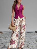 Flowering Girl Women Rose Pink Sleeveless Vest And Floral Printed Wide-leg Pants Set