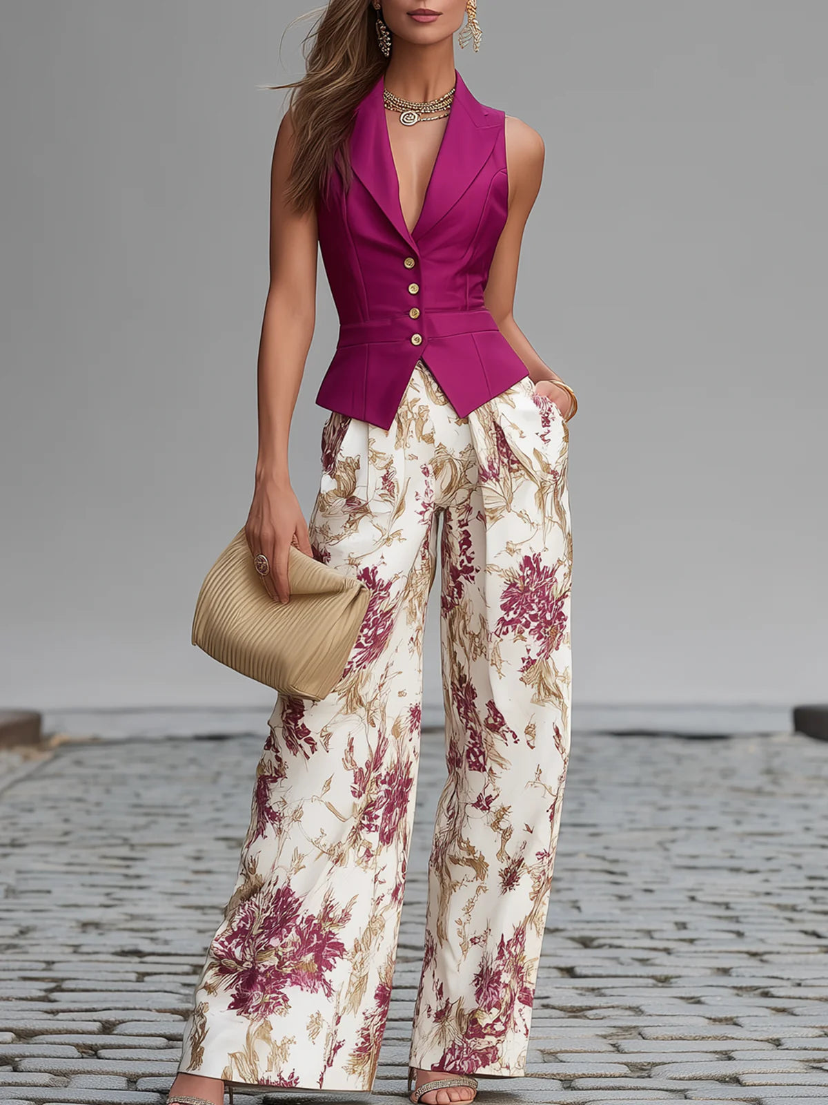 Flowering Girl Women Rose Pink Sleeveless Vest And Floral Printed Wide-leg Pants Set