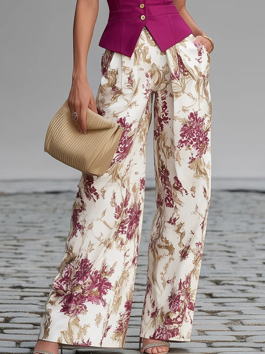 Flowering Girl Women Rose Pink Sleeveless Vest And Floral Printed Wide-leg Pants Set