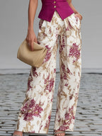 Flowering Girl Women Rose Pink Sleeveless Vest And Floral Printed Wide-leg Pants Set